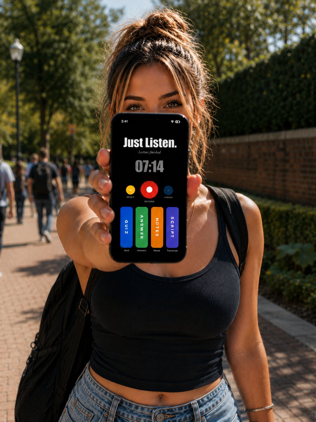 Student holding phone with Flash My Lecture app open, USC campus