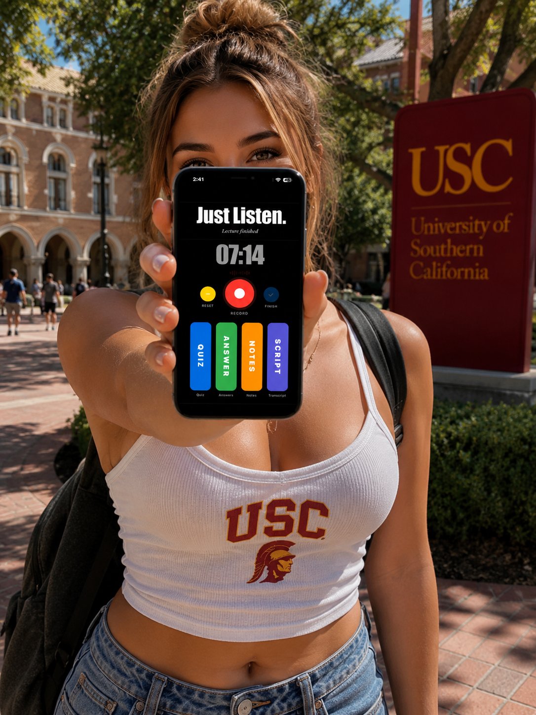 Student holding phone with Flash My Lecture app open, USC campus
